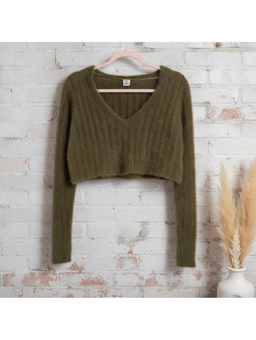 Urban Outfitters Fuzzy Cropped Sweater Olive Green S Women